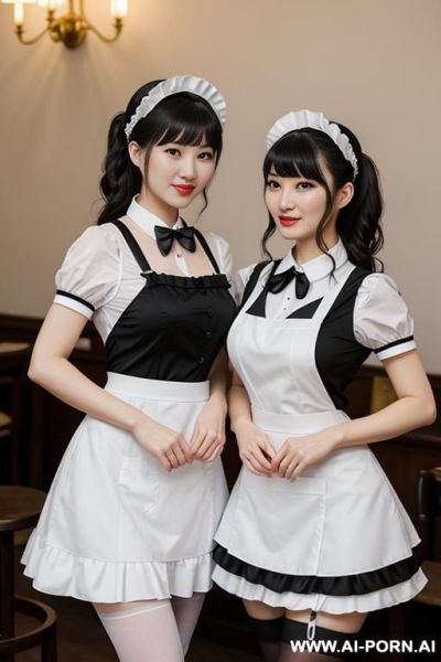 Maid uniform, maid cafe, many maid in pictures, white frilled headpiece, white apron with black bow, black short-sleeve dress, detachable white collar , black thigh high stockings (nylon) - ai-porn.ai on pornsimulated.com