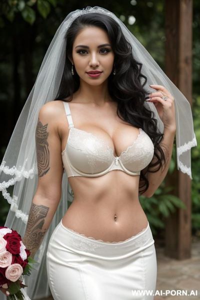 Latina, big (((fake))) tits, medium wavy hair, microskirt, bra, veil, bride, outdoor venue, tattoos - ai-porn.ai on pornsimulated.com