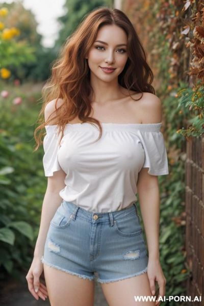 Beautiful, caucasian, 30, flowing wavy hair, chestnut hair, white skin, natural boobs, slight smile, standing, spreading legs, off shoulder t-shirt, denim shorts, knee high socks, blurred background, walled garden background. - ai-porn.ai on pornsimulated.com