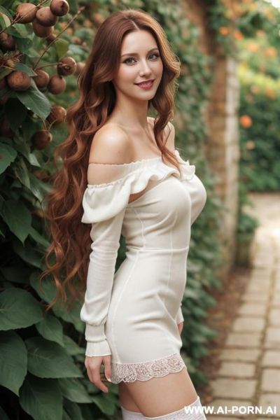 Beautiful, caucasian, 30, flowing wavy hair, chestnut hair, white skin, natural boobs, slight smile, standing, spreading legs, off shoulder dress, knee high socks, blurred background, walled garden background. - ai-porn.ai on pornsimulated.com