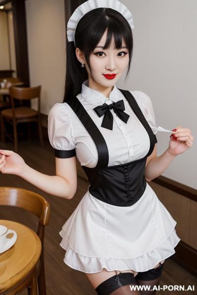 Maid uniform, maid cafe, many maid in pictures, white frilled headpiece, white apron with black bow, black short-sleeve dress, detachable white collar , black thigh high stockings (nylon) - ai-porn.ai on pornsimulated.com