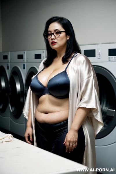 Asian lady ugly, wrinkles, old.wearing silk kimono showing cleavage. black lipstick, big ass showing. oily body. *carrying dirty laundry. - ai-porn.ai on pornsimulated.com