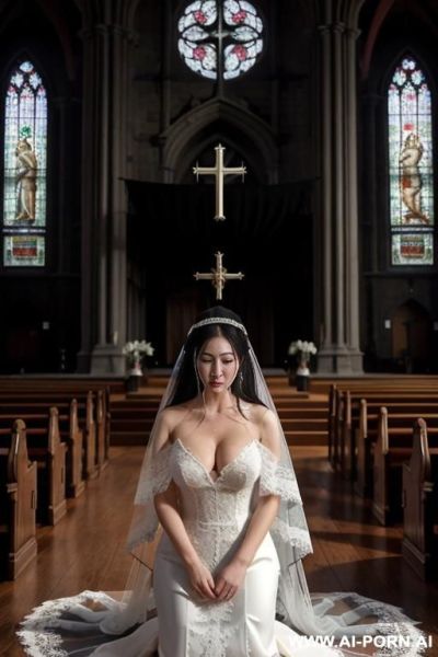 Pet collar, monstrous, (((lace veil ))), black clothes, 3 nun praying in background, cum on clothes, kneeling, praying - ai-porn.ai on pornsimulated.com