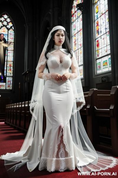 Pet collar, monstrous, (((lace veil ))), white lace clothes, many nun praying in background, kneeling, praying - ai-porn.ai on pornsimulated.com