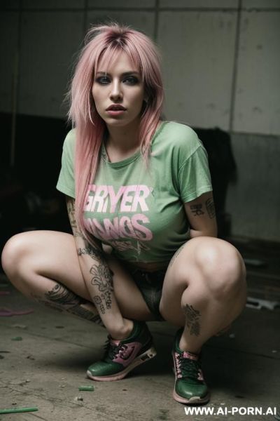 1woman, 20 years old, pink and green messy hair, t-shirt, piercing in the nose, busty body, squatting, tattoos on the body, - ai-porn.ai on pornsimulated.com