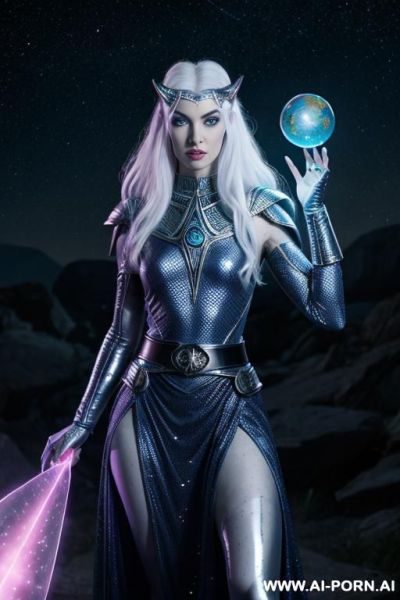 Space wizard, looking at viewer, (eye contact), front view, finely detail, majestic view, ultra detailed face, highly detailed skin, highly detailed hands, tall athletic body, ((white colored shiny - ai-porn.ai on pornsimulated.com