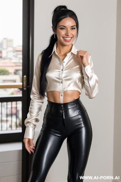 (second-skin black leather pants), (partly unbuttoned white silk shirt), (bare feet), ((dancing in front a mirror in her dressing)), - ai-porn.ai on pornsimulated.com