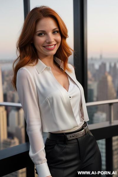 (rooftop), (((actress topanga))), ((dark pant and suit jacket, fancy belt, white blouse )), (big full lips), ((smiling at the camera)), photorealistic, texan, (ultra detailed photo), (hyper realistic - ai-porn.ai on pornsimulated.com