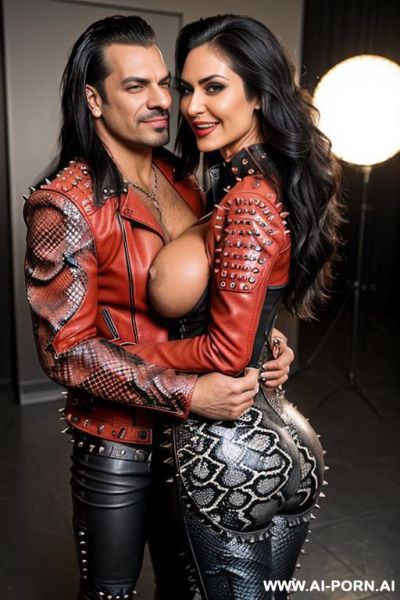 ((((persian rock milf hugged by a muscular punk man)))) with ((((((gigantic tits)))))) and (((long hair))), (makeup) , (((tight spiked red python print leather jacket))) (((tight spiked python print - ai-porn.ai - Iran on pornsimulated.com