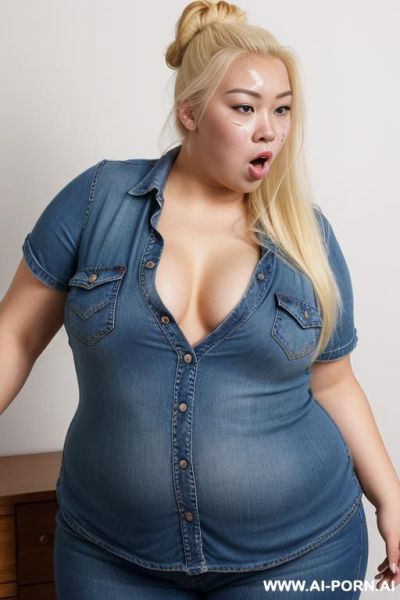 Side view, very fat obese woman,, huge ass, fat belly, fat arms, cum flowing of het face, mouth wide open, tits resting on her belly, fat arms, bbw face, face full of cum, stick out her - ai-porn.ai on pornsimulated.com