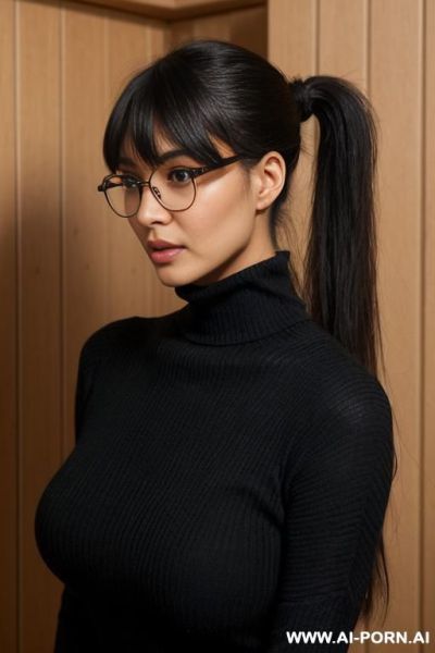 Full shot, large shot, asian woman, glasses, long straight black hair, low sleek ponytail tied at nape of neck, side-swept wispy bangs covering forehead, long face-framing strands left loose on - ai-porn.ai on pornsimulated.com
