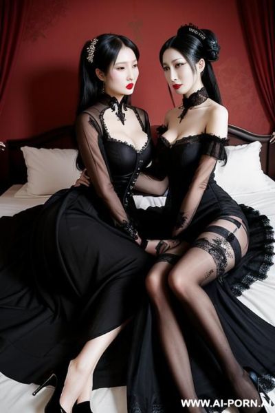 Tea party, goth woman, goth clothes, full clothes, long black dress, lying on bed, hugging each other, many housemaid in background - ai-porn.ai on pornsimulated.com