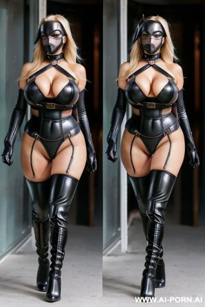 (blonde fit woman) (amazing fit body) (tall) (((huge boobs))) (black over knee boots) (((gimp suit bdsm))) (((puppy mask))) - ai-porn.ai on pornsimulated.com