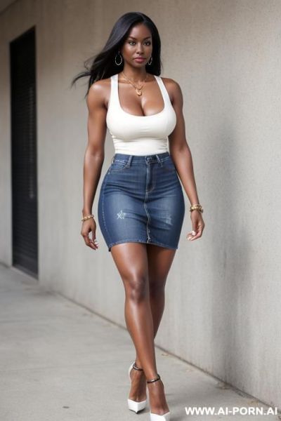 (hot tall) (amazing fit body) (blonde) (dark skin) (huge boobs) (high heels) (tight denim skirt) (fit abs) (cleavage) (white tank top) - ai-porn.ai on pornsimulated.com