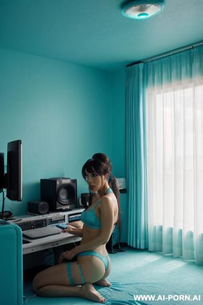 ((((eye contact)))), bangs, garter belt, stockings, g-string panties, stilettos - ai-porn.ai on pornsimulated.com