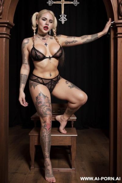 Very mature milf devil witch latina morbidly obese with blonde hair tails barefoot in church standing on floor in front of crucifix pentagram using witchcraft posing sexualy with arms up wearing - ai-porn.ai on pornsimulated.com