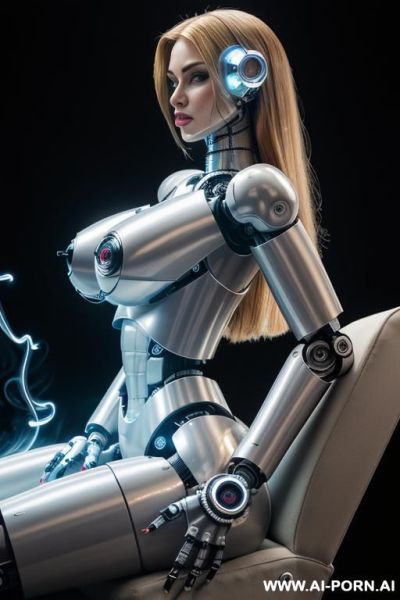 Damaged robot, side view, full body view, sitting in armchair in spaceship, arms on armrests, looking at viewer, beautiful angry human face with tanned silicone skin, shouting, long straight blonde - ai-porn.ai on pornsimulated.com