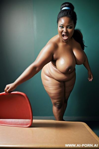 Very saggy boobs, wide open mouth with stucking out tongue, (receiving water jet from above on her face), side view, remove shoes - ai-porn.ai on pornsimulated.com
