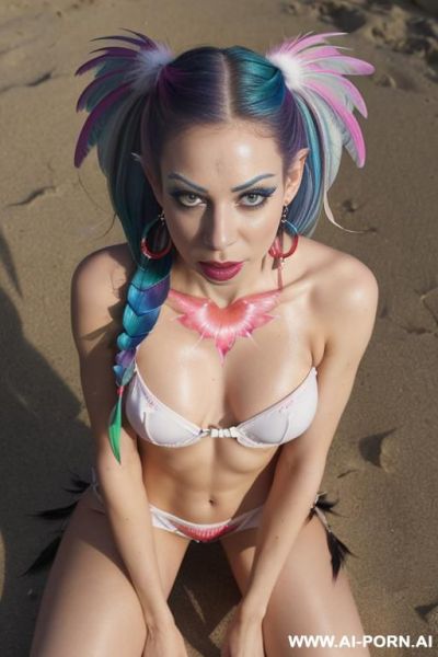 Face, sexy, beautiful, ((face painting)), ((body painting)), ((thong as seashell)), ((roses)), ((eyes shw)), ((horny)), ((rainbow hair)), ((glitter)), ((long bu hair)), ((heterochromia eyes)), ((wind)), - ai-porn.ai on pornsimulated.com
