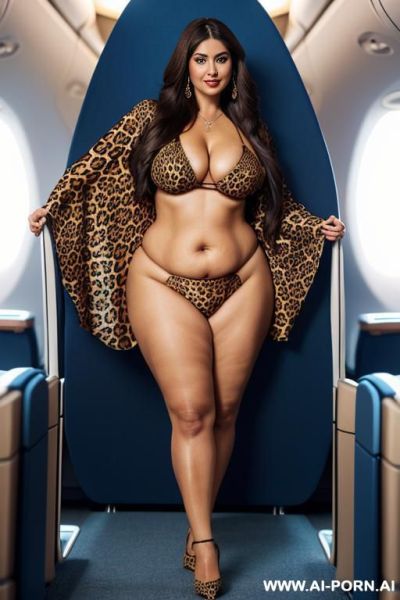 Chubby woman, full body, standing, long brown hair, big smile, triangular hips, thick thighs, wearing a leopard print bikini - ai-porn.ai on pornsimulated.com