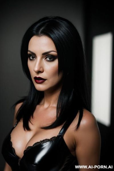Mean looking dark haired femdom mistress in her dark lair, headshot - ai-porn.ai on pornsimulated.com