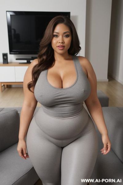 Chubby white woman, full body, standing, longe brown hair, triangular hips, thick thighs, wearing grey leggings and tank top, living room in front of the television - ai-porn.ai on pornsimulated.com