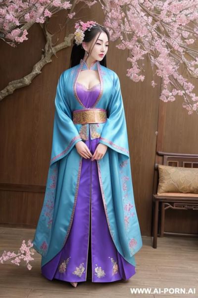 Chinese princess, lace pleated skirts, chinese clothes, traditional clothes, chinese old version, old china outfit, see thought coat, light blue clothes, kneeling on floor, long hair - ai-porn.ai - China on pornsimulated.com