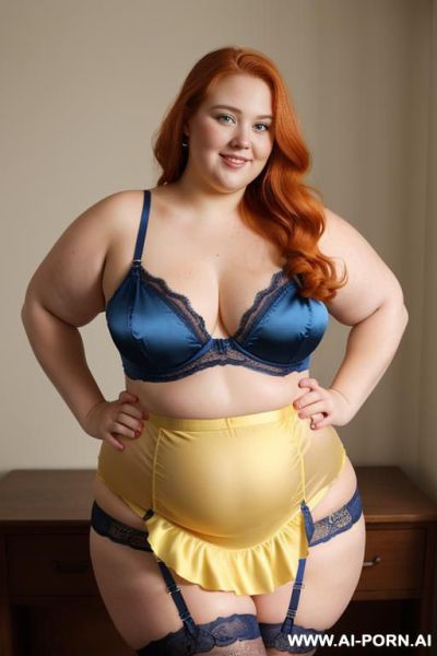 Half body photo shot close up. a ((british obese fat bbw redhead)), ((thick with love handless)). ((wearing a yellow sexy and hot garter belt lingerie, and a dark-blue ruffle silk micro-skirt)). she is smiling - ai-porn.ai - Britain on pornsimulated.com