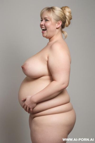 Fat saggy droppy tits with huge nipples, fat arms, fat belly, arms behind head, mouth wide open, side view, large obese woman - ai-porn.ai on pornsimulated.com