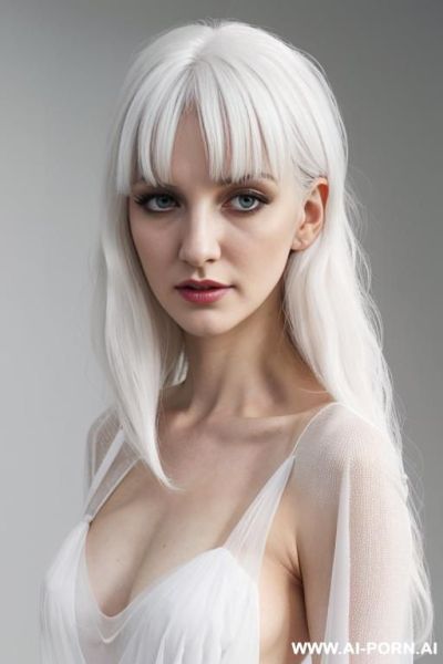 Dyed white hair, ((completely sheer white dress)), medium wavy hair, bright m lighting, plain white background, eyeliner, - ai-porn.ai on pornsimulated.com
