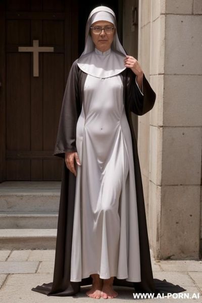 Mature nun, (realistic sexy face), (((naked nun under open habit, nude under habit, she opens her habit with his hands, she show her nude body under habit))) - ai-porn.ai on pornsimulated.com