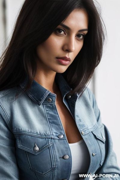Hot shopkeeper babe, blue denim shirt, white denim pants, leather jacket, straight hair, serious face, ((close shot)) - ai-porn.ai on pornsimulated.com