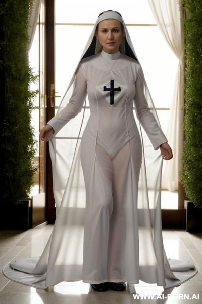Aj cook nude, no panties, ((transparent nun clothes)), nun hat, looking at camera - ai-porn.ai on pornsimulated.com