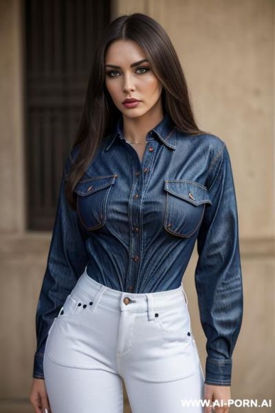 ((blue denim shirt with pockets)), high-waisted ((white)) jeans pants, straight hair, brunette, ((big tits)), pouting face, serious seductive face - ai-porn.ai on pornsimulated.com