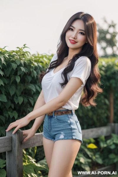 Pretty, vietnamese, 30, long wavy hair, dark brown hair, natural boobs, slight smile, standing, spreading legs, denim shorts, v-neck t-shirt, knee high socks, blurred background, garden fence background. - ai-porn.ai - Vietnam on pornsimulated.com