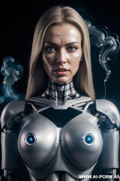 Damaged robot, front view, close-up, sitting in armchair in spaceship, looking at viewer, beautiful angry human face with tanned silicone skin, long straight blonde hair, big lips, wide jaw, heavy - ai-porn.ai on pornsimulated.com