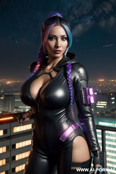 (cyberpunk thief), on a rooftop, stary night, cybercity, hoody catsuit, - ai-porn.ai on pornsimulated.com