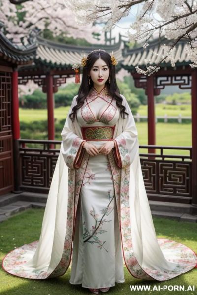 Chinese qeen, lace pleated dress, chinese clothes, traditional clothes, chinese wedding, old china outfit, short dress, happy new year , very big boob, show breasts - ai-porn.ai - China on pornsimulated.com