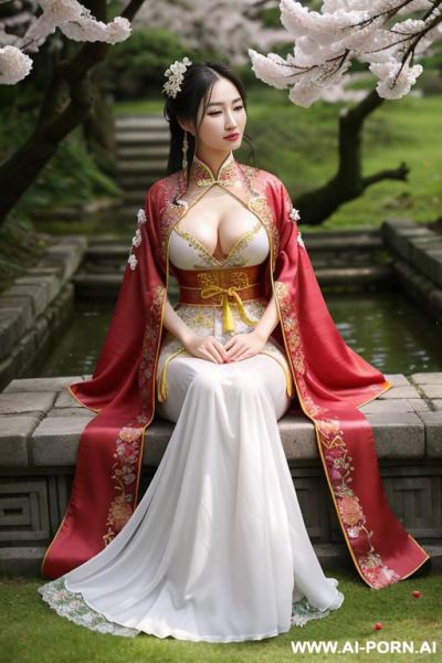 Chinese qeen, lace pleated dress, chinese clothes, traditional clothes, chinese wedding, old china outfit, short dress, very huge breasts - ai-porn.ai - China on pornsimulated.com