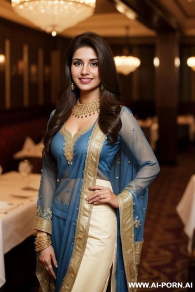 (blue crew neck fancy highly detailed dupatta ), (((standing in a fancy restaurant ))), ((brunette tanned pakistani texan )), (lean), (pretty face), (detailed face), (perfect), (natural lighting), ((highly detailed photo)), actress topanga - ai-porn.ai - Pakistan on pornsimulated.com