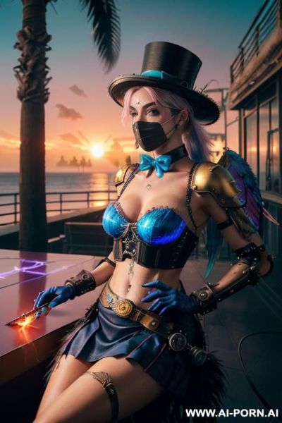 ((((masterpiece)))), (((woman sitting))), (glowing red eyes), (long blue purple and white hair with a flower), ((crop top white collar shirt with red tie)), ((((flaming angel wing)))), ((navy formal - ai-porn.ai on pornsimulated.com