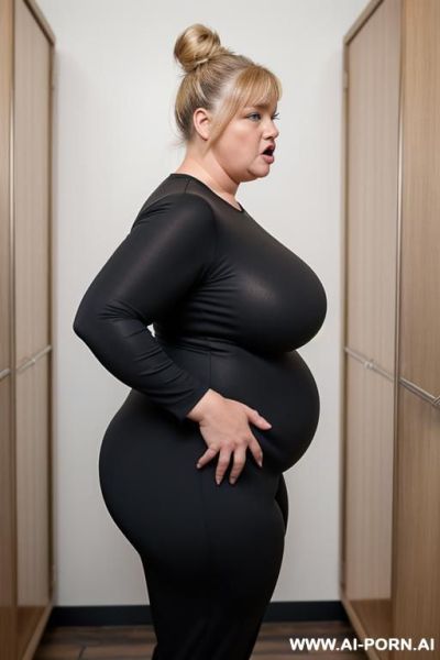 Black jogger pants, huge droppy saggy boobs with large pointing down nipples, ultra obese woman with fat arms, wide hips, hands behind head, side view,, naked boobs, - ai-porn.ai on pornsimulated.com