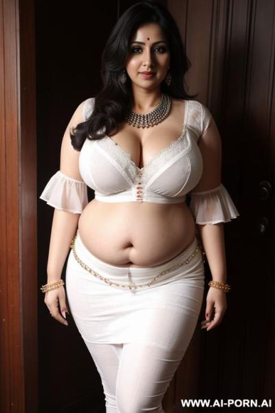 Deep cleavage, indian cotton blouse, slitted low waist peticoat, full view, showing deep navel, - ai-porn.ai - India on pornsimulated.com