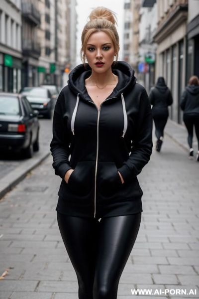 Short lady wearing leggings, hoodie. big boobs. walking on street. ultra realistic. open hoodie showing cleavage perky boobs. - ai-porn.ai on pornsimulated.com