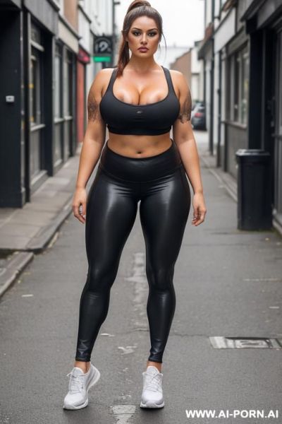 Irish traveller woman,, leggings, top , showing lots of cleavage. fat body. fake tan and heavy makeup. walking down street. pussy shape showing through leggings. - ai-porn.ai - Ireland on pornsimulated.com