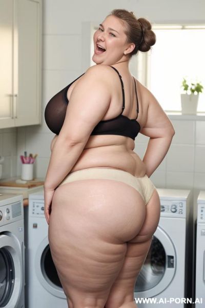 Huge droppy saggy tits with large pointing down nipples, ultra obese woman with fat arms, wide hips, round ass, hands behind head, side view,, - ai-porn.ai on pornsimulated.com