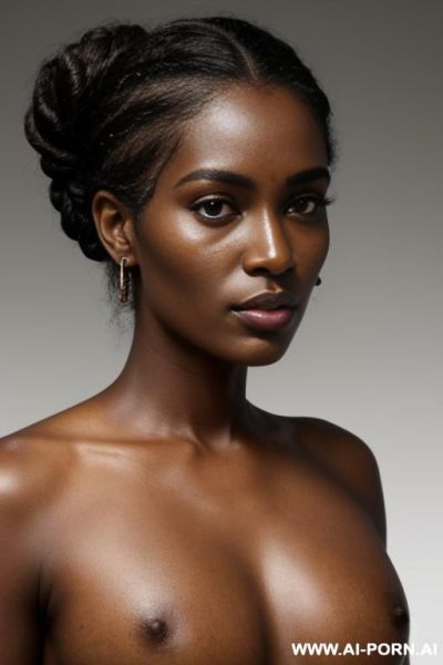 Woman, dark brown skin, large dark brown eyes with dark circles, thick eyebrows, wide african nose, full dry lips, scar on left eyebrow, curly hair tied in loose bun with loose strands, tired - ai-porn.ai on pornsimulated.com