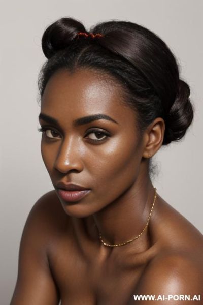 *woman, 2, m dark brown skin, large dark brown eyes with dark circles, thick eyebrows, wide african nose, full dry lips, scar on left eyebrow, curly hair tied in loose bun with loose - ai-porn.ai on pornsimulated.com