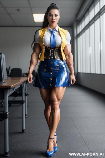 Woman uniform yellow shirt with short sleeves blue latex vest with golden buttons sandcolour skirt with two horizontal stripes striped tie and heels, she is also a goth, goth makeup, tie around her neck, formal uniform, blue latex west with golden buttons - ai-porn.ai on pornsimulated.com