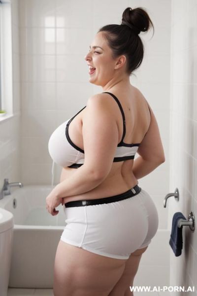 Huge droppy saggy tits with large pointing down nipples, ultra obese woman with fat arms, wide hips, round ass, hands behind head, side view,, - ai-porn.ai on pornsimulated.com